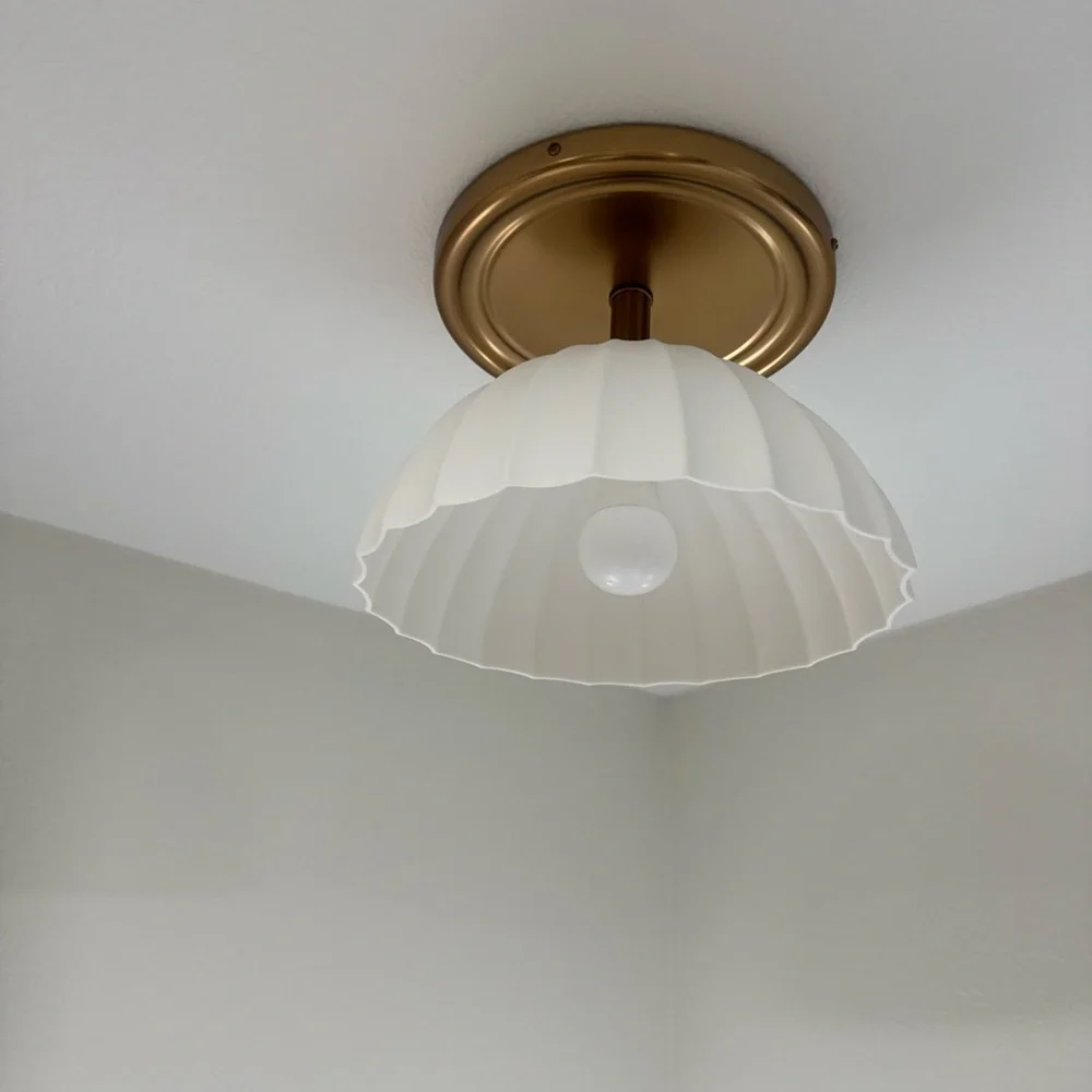 Rejuvenation Enzo Semi-Flush Ceiling Light with Ribbed Glass Shade aged Brass